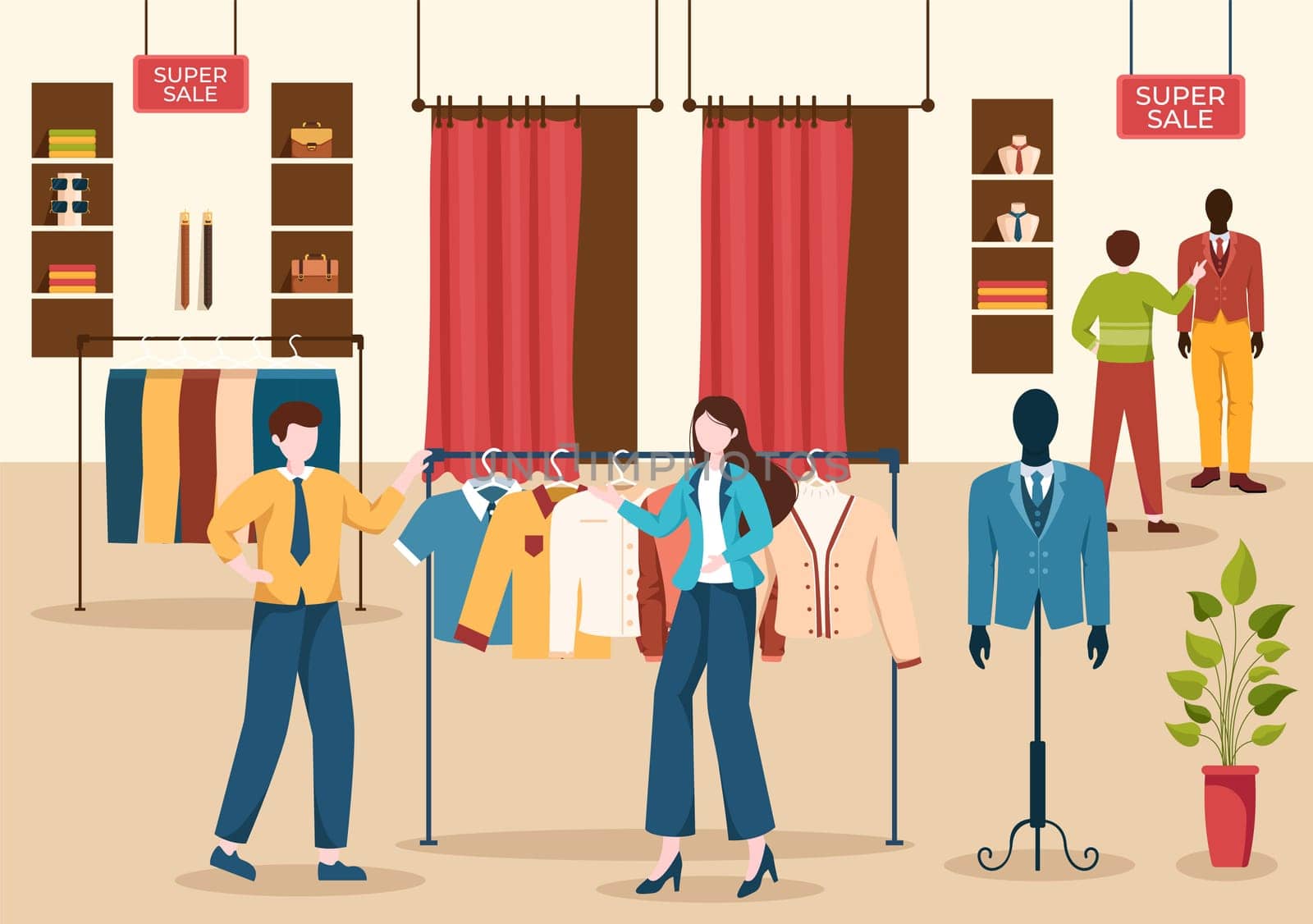 Fashion Men and Outfit of Fashionable Man in Boutique Indoor or Clothes Shop for Shopping on Flat Cartoon Hand Drawn Templates Illustration
