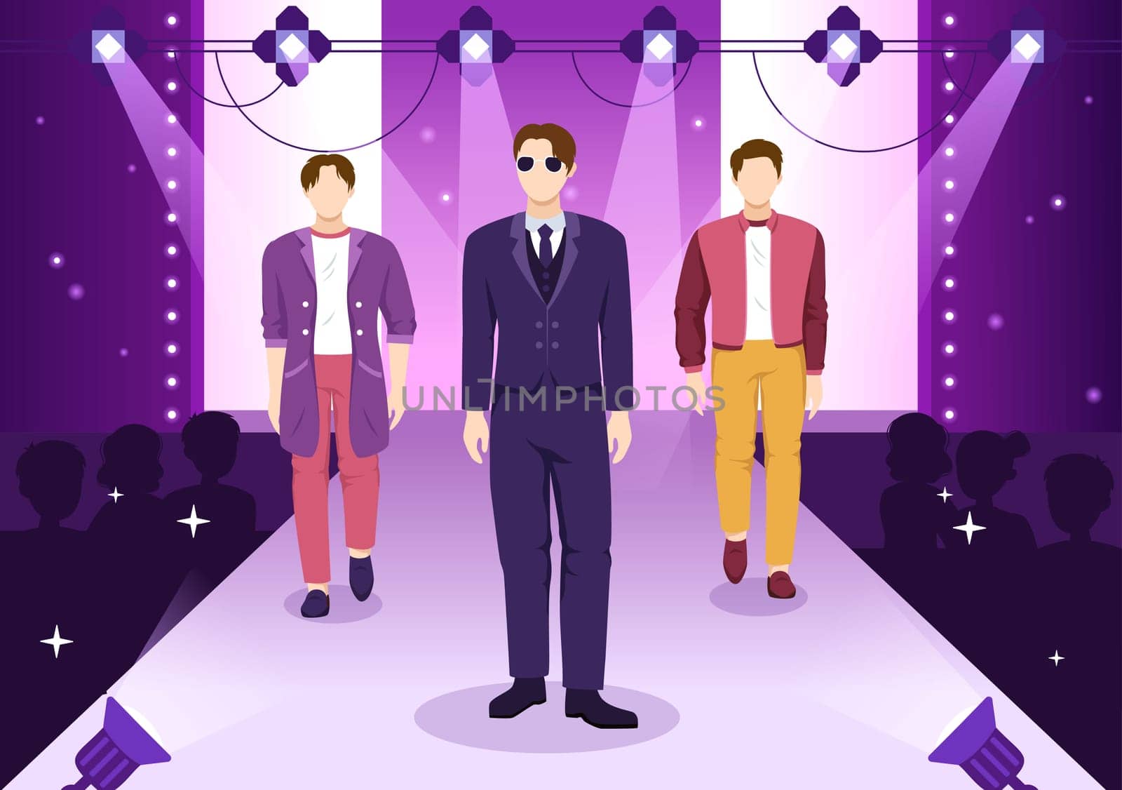 Fashion Men Show with Catwalk Male Models Display Clothes on Runway in Modern Trendy Outfits on Flat Cartoon Hand Drawn Templates Illustration