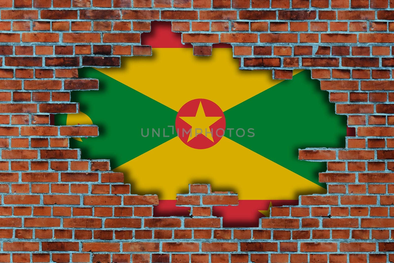3D Flag of Grenada behind the broken old stone wall background.