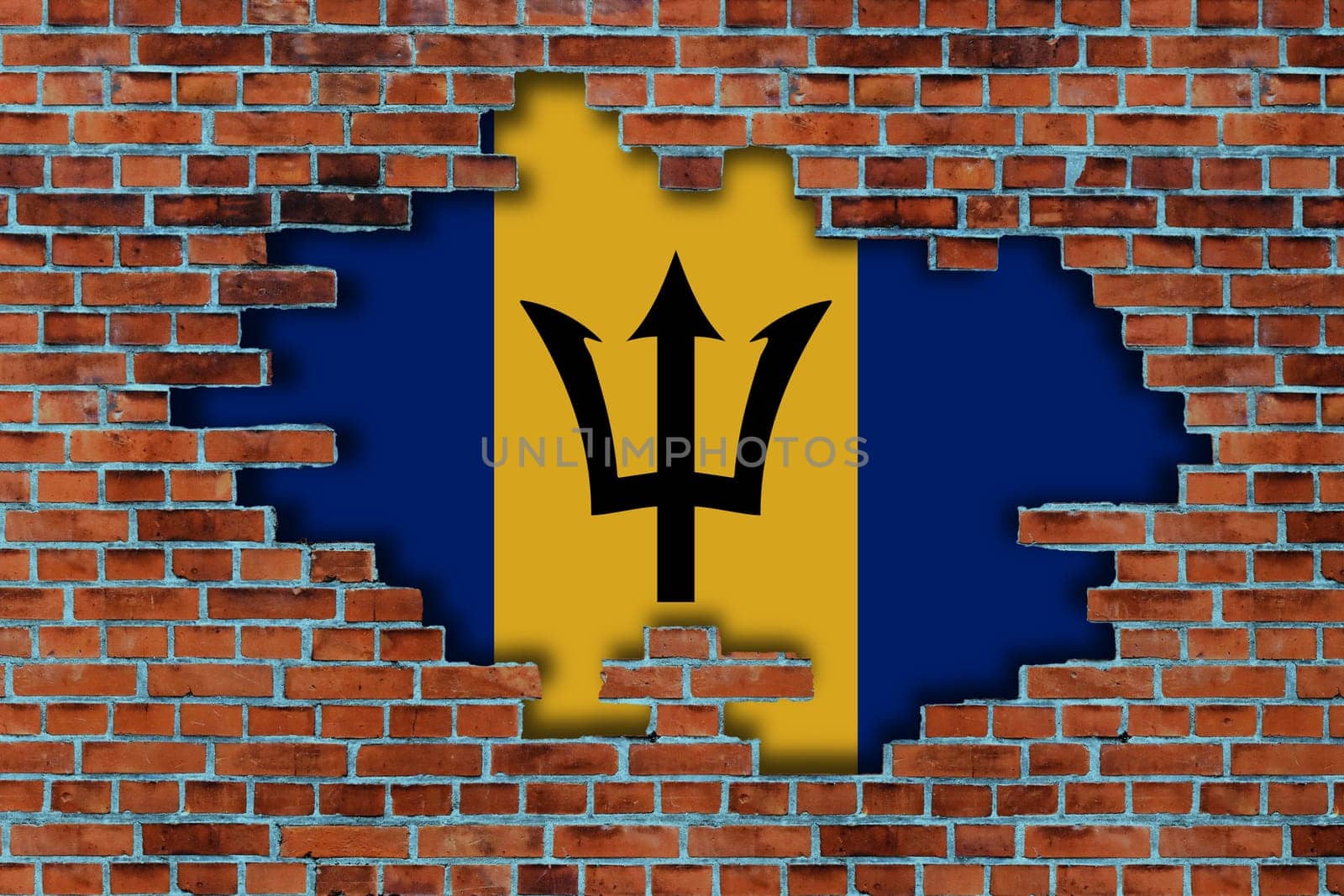 3D Flag of Barbados behind the broken old stone wall background.