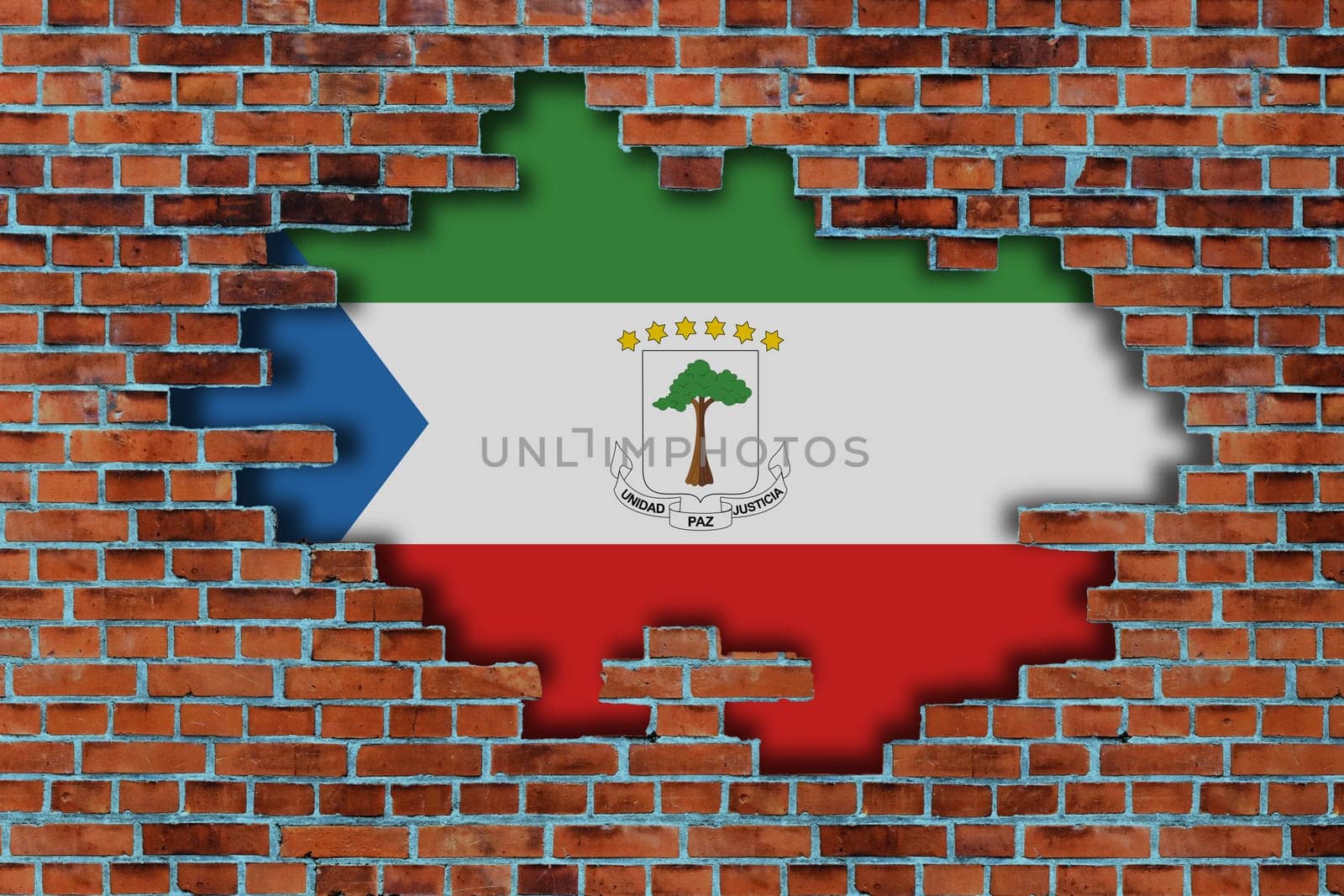 3D Flag of Equatorial Guinea behind the broken old stone wall background.