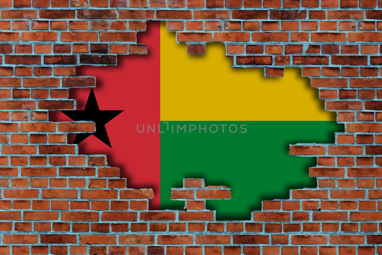 3D Flag of Guinea-Bissau behind the broken old stone wall background.