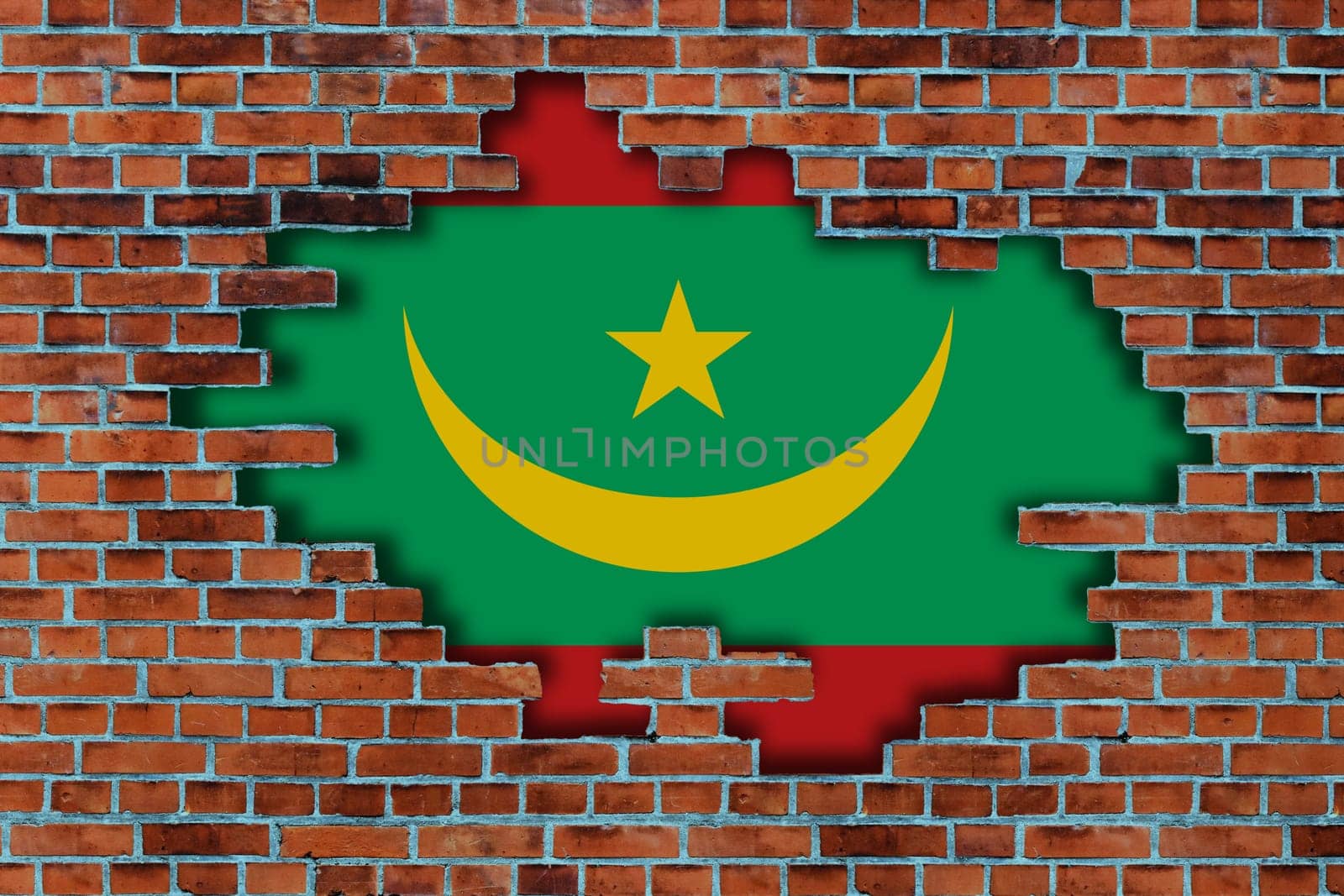 3D Flag of Mauritania behind the broken old stone wall background.