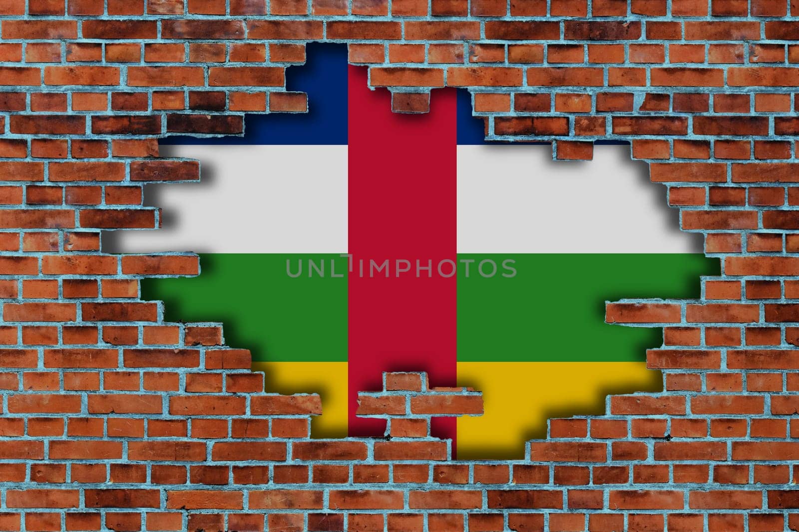 3D Flag of Central African Republic behind the broken old stone wall background.