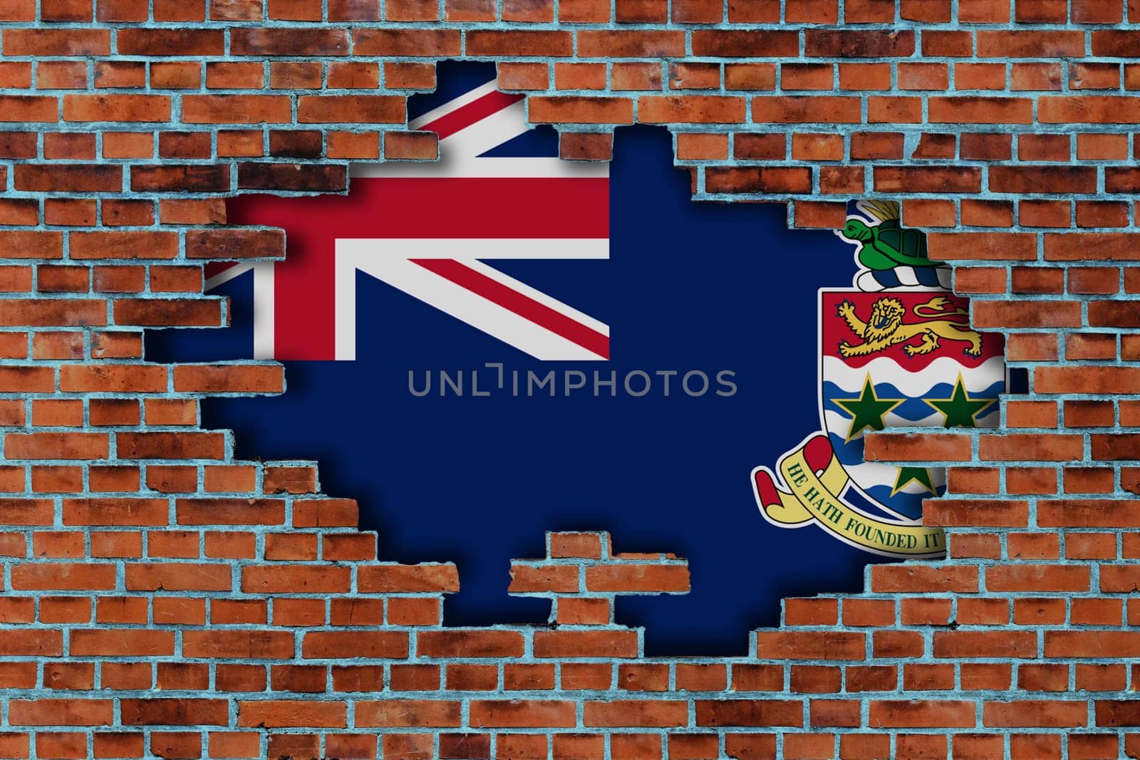 3D Flag of Cayman Islands behind the broken old stone wall background.