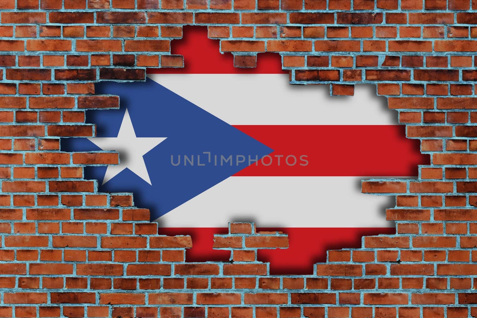 3D Flag of Puerto Rico behind the broken old stone wall background.