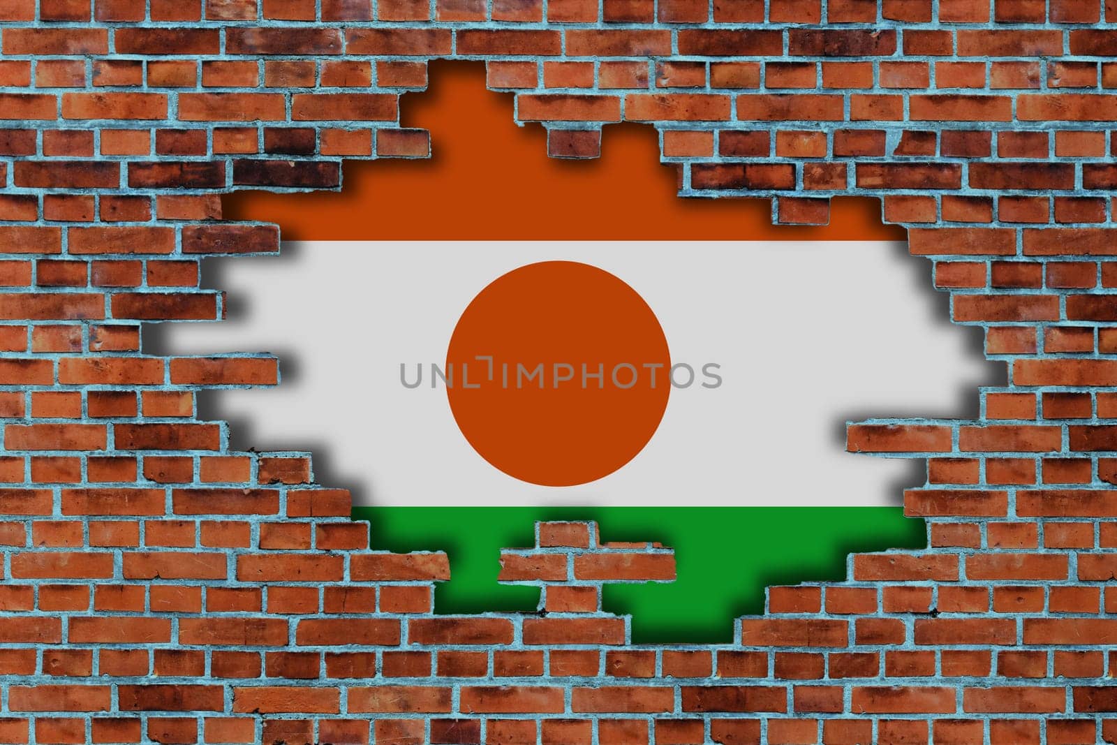 3D Flag of Niger behind the broken old stone wall background.