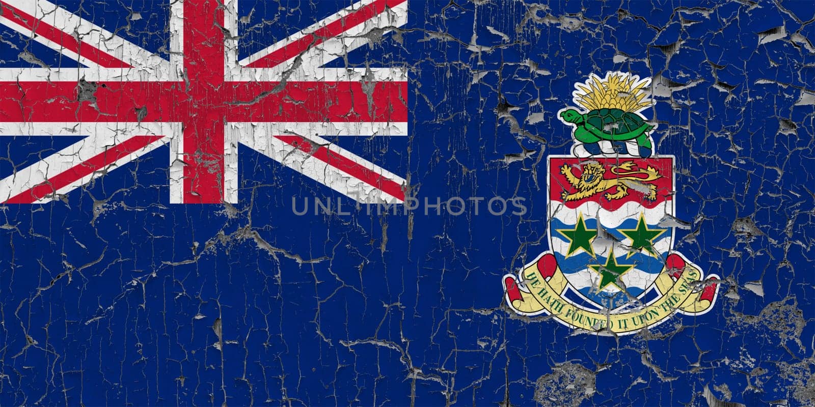 3D Flag of Cayman Islands on an old stone wall background.