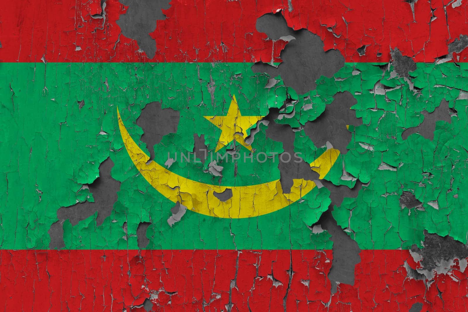3D Flag of Mauritania on an old stone wall background.