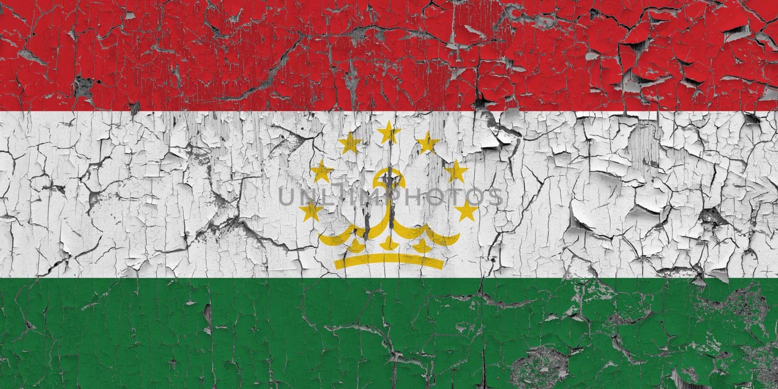 3D Flag of Tajikistan on an old stone wall background.
