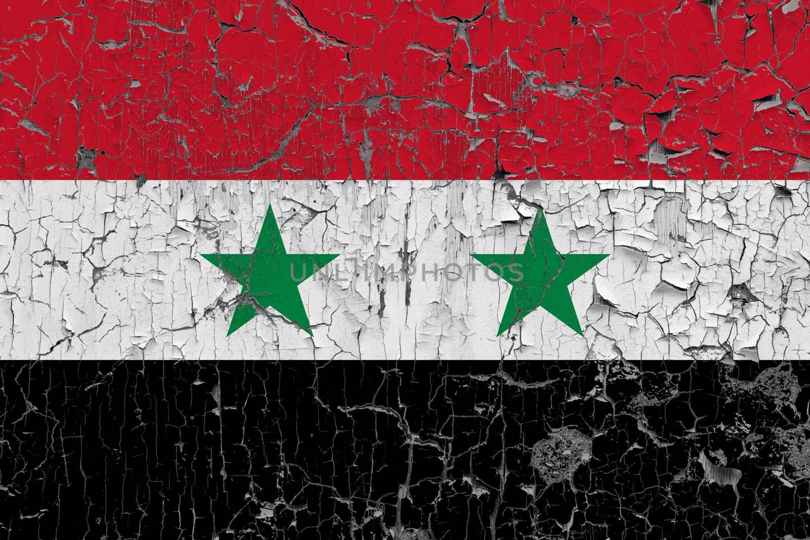 3D Flag of Syria on an old stone wall background.