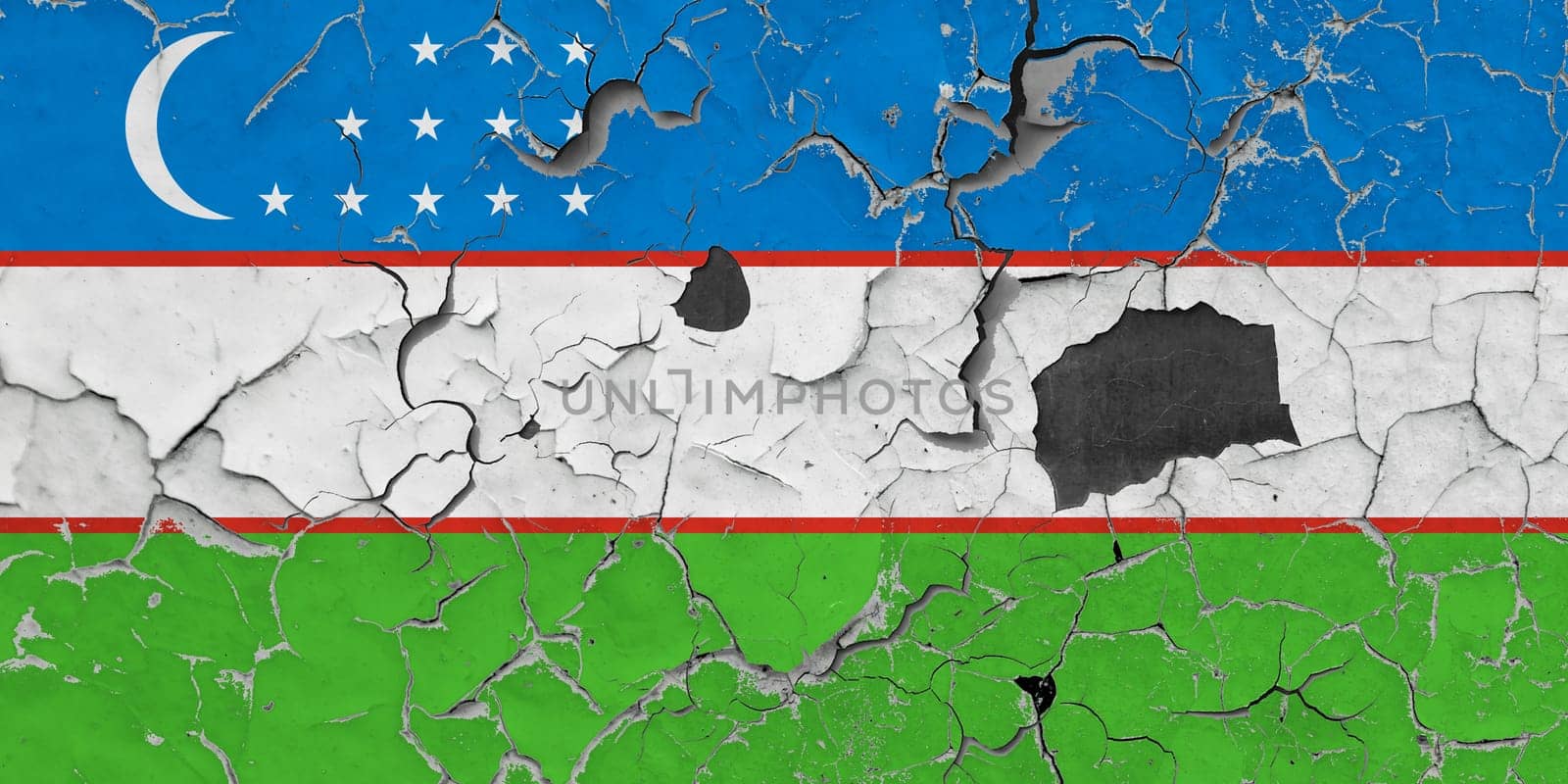 3D Flag of Uzbekistan on an old stone wall background.