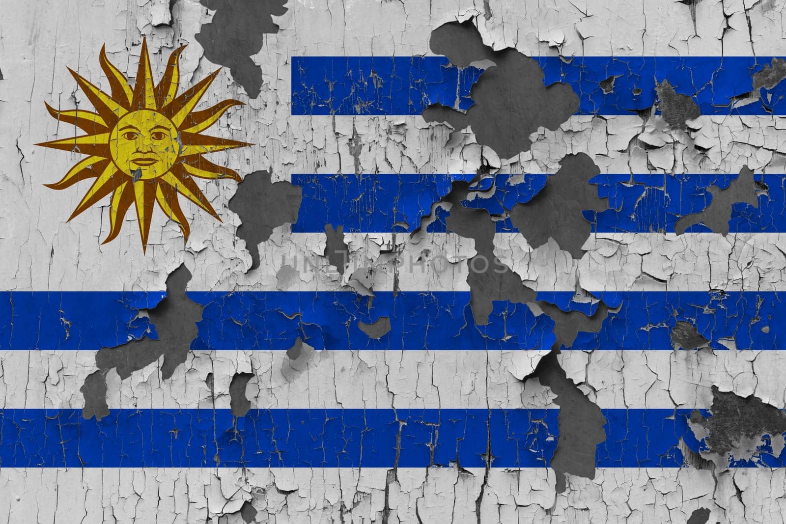 3D Flag of Uruguay on an old stone wall background.