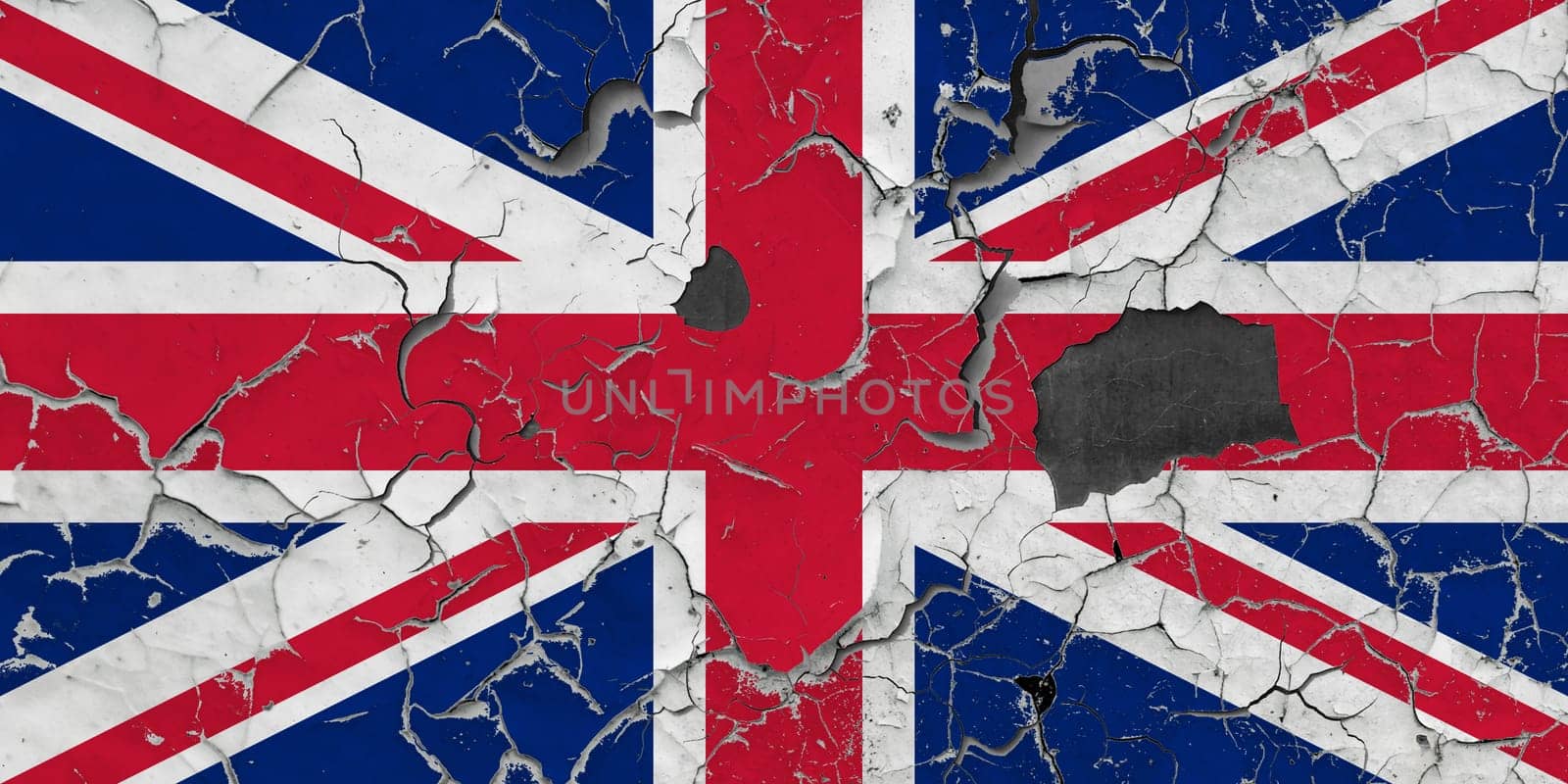 3D Flag of United Kingdom on an old stone wall background.