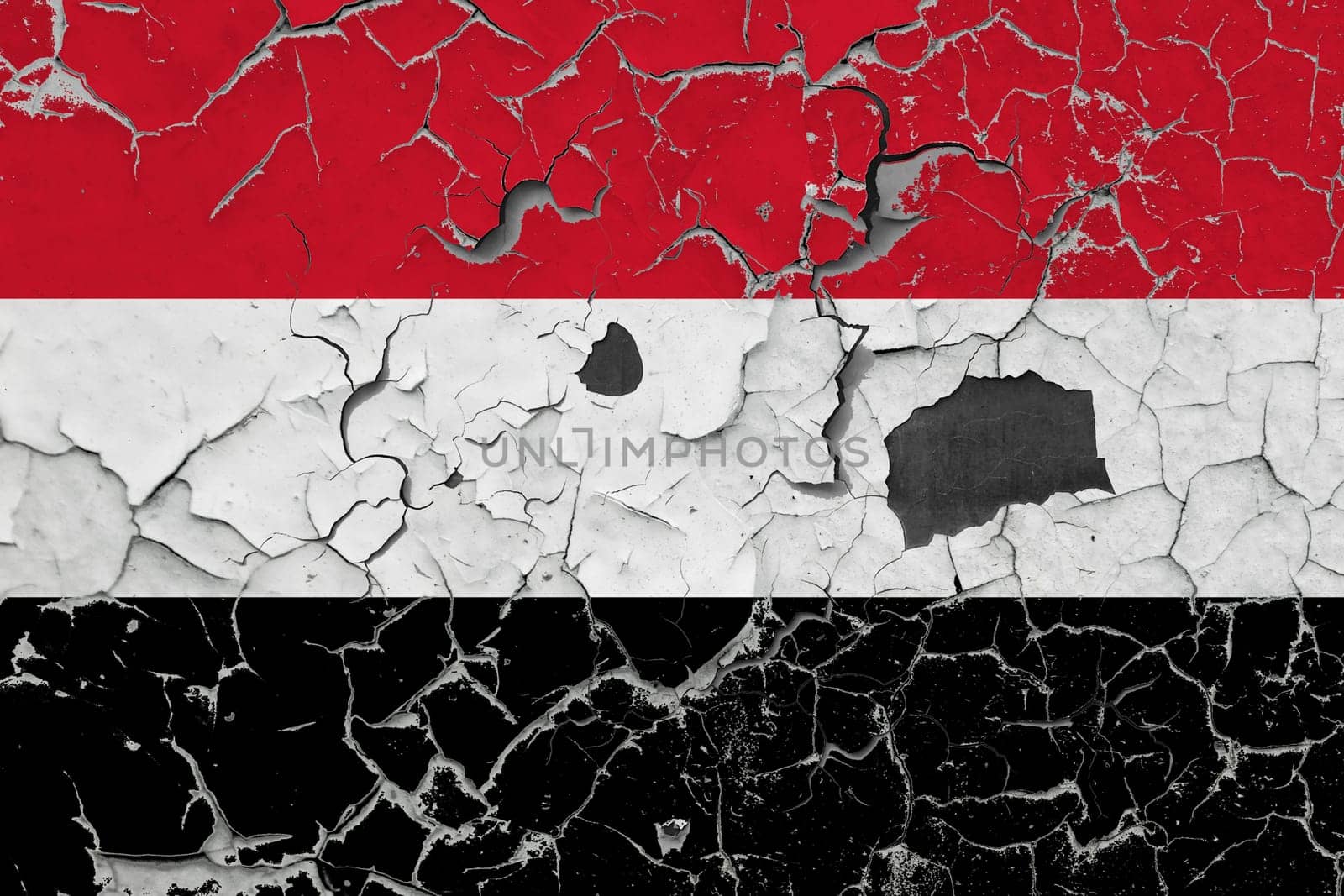 3D Flag of Yemen on an old stone wall background.