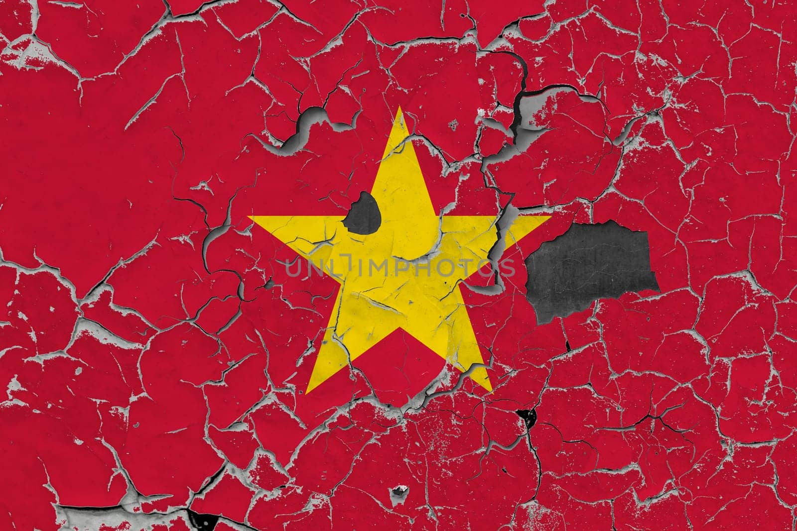 3D Flag of Vietnam on an old stone wall background.