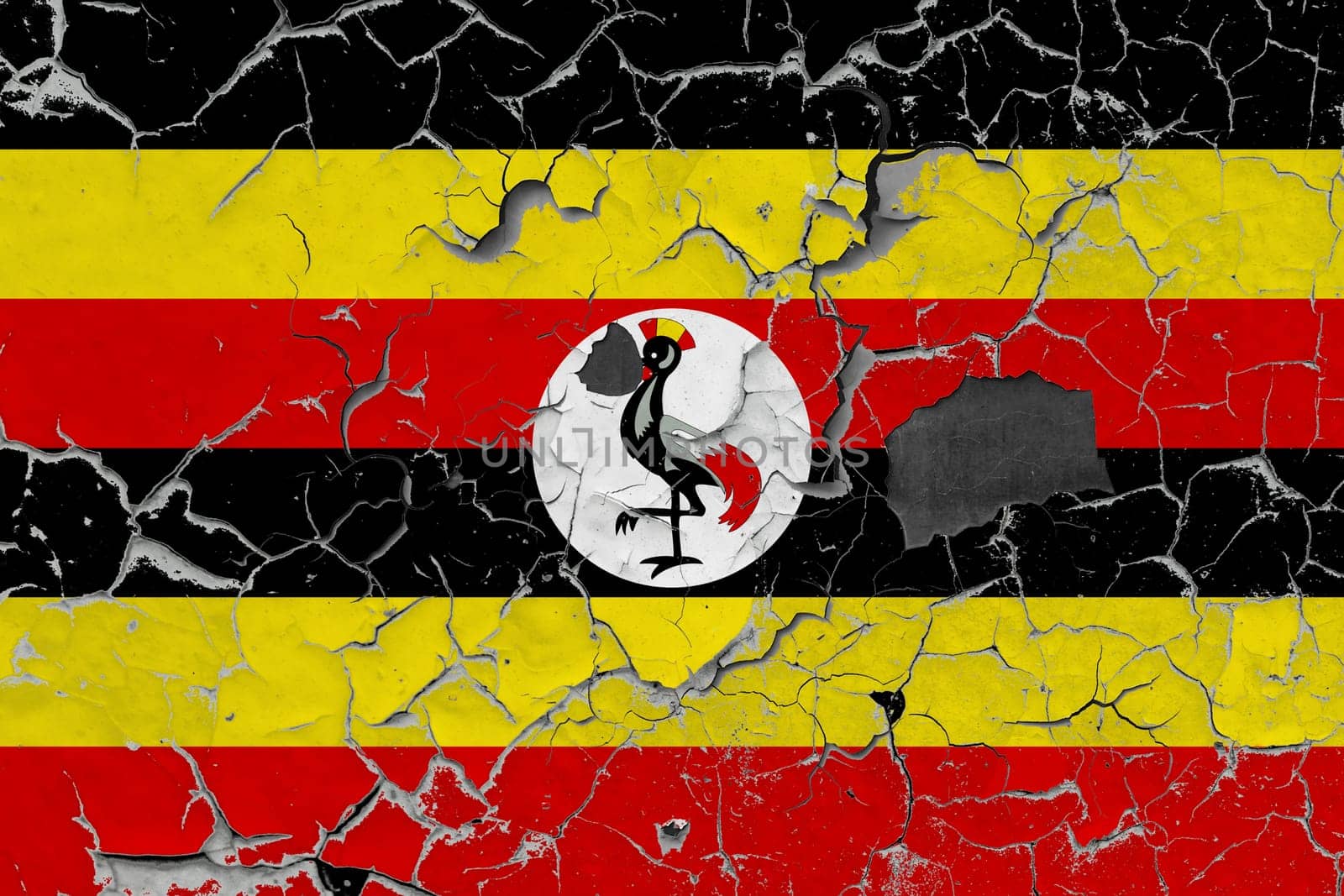 3D Flag of Uganda on an old stone wall background.