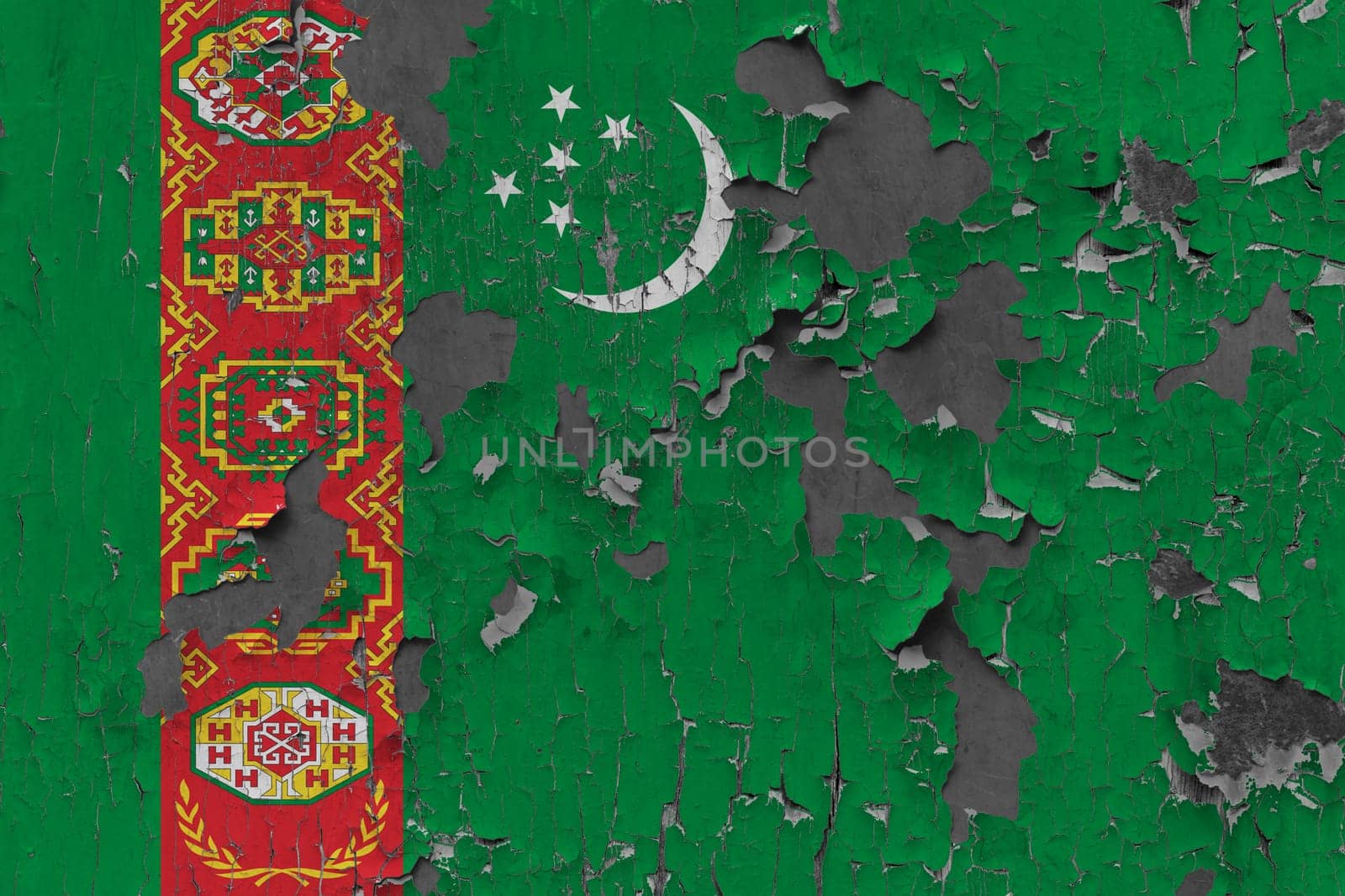 3D Flag of Turkmenistan on an old stone wall background.