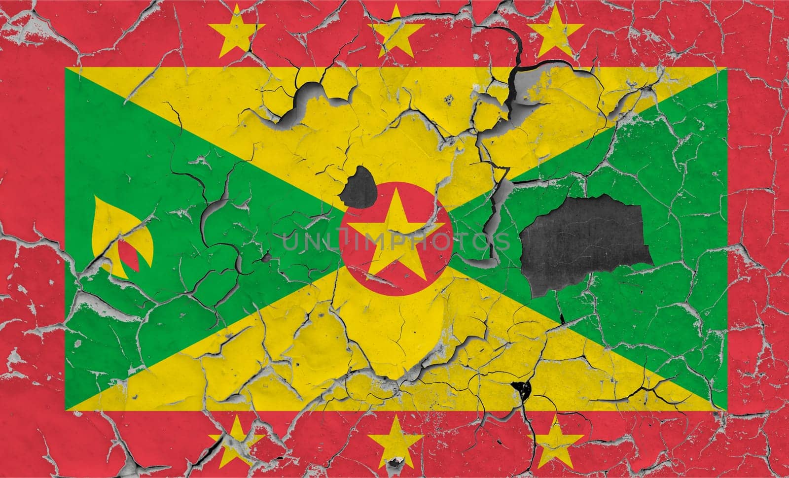3D Flag of Grenada on an old stone wall background.