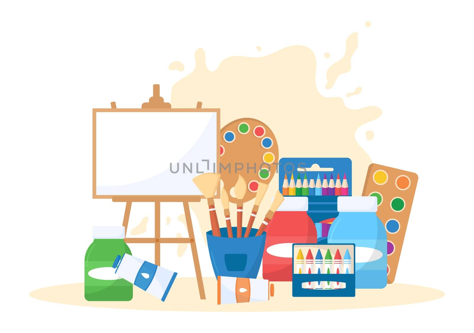 Art Shop with Painting Supplies Store Accessories and Tools for Drawing, Artists and Designers on Flat Cartoon Hand Drawn Template Illustration
