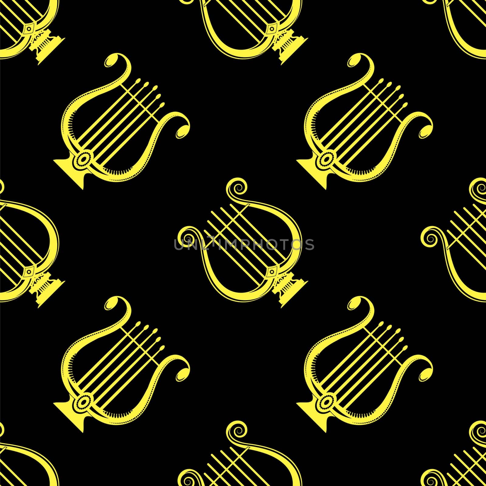 Yellow Lyre Musical Seamless Pattern on Black Background.