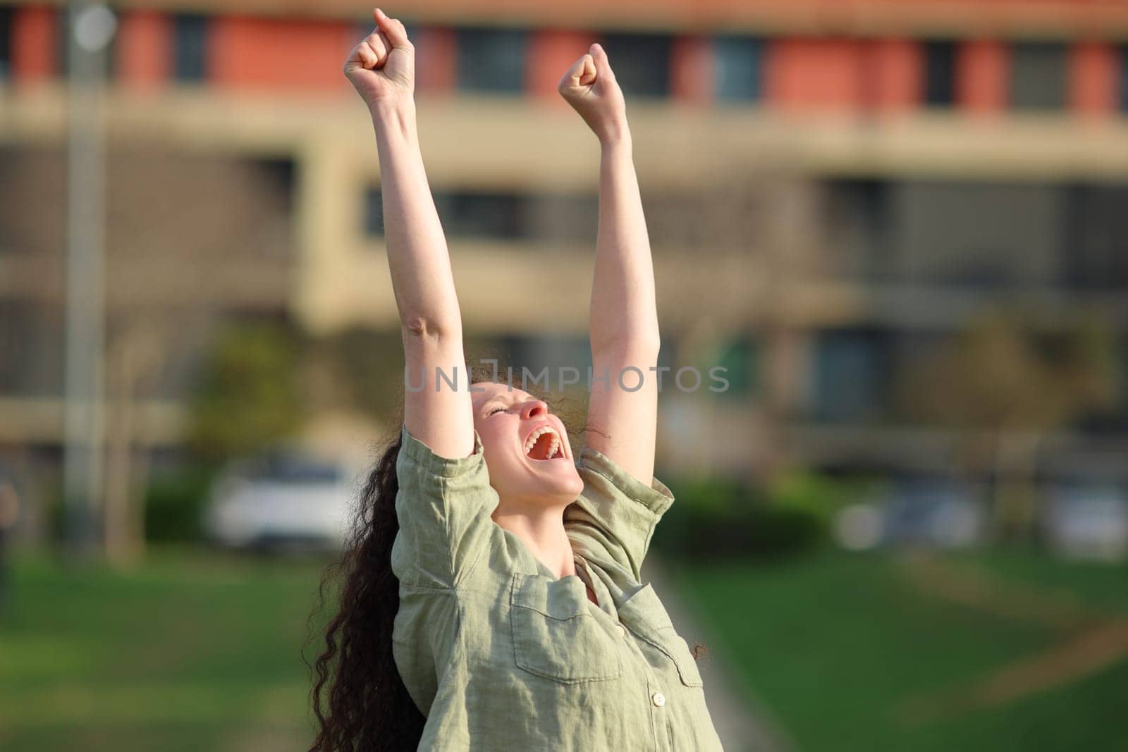 Excited woman celebrating success raising arms in a park a sunny day
