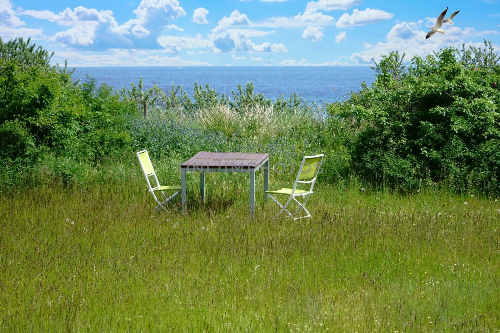 Garden furniture on green lawn with views of the Baltic Sea