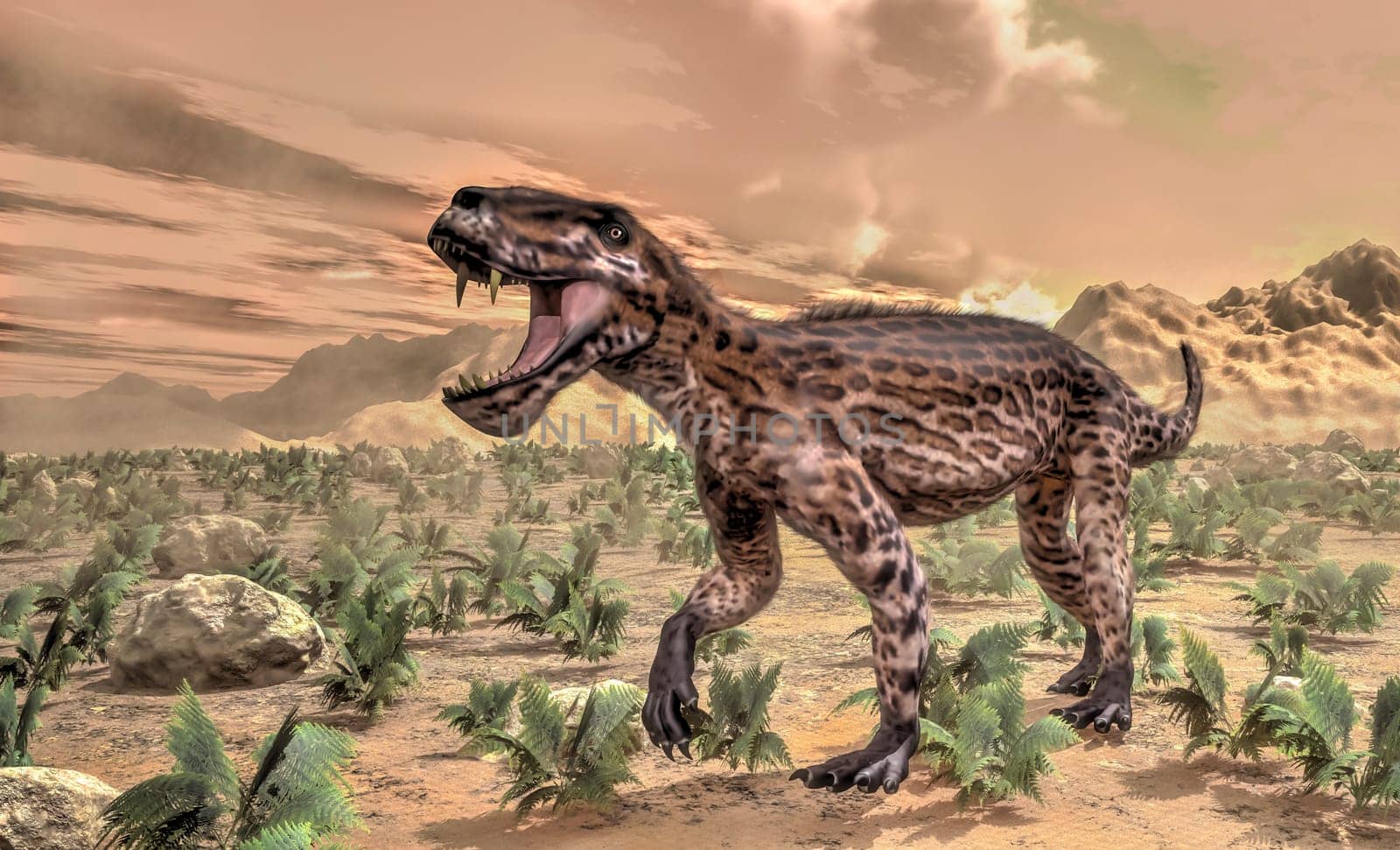 Lycaenops dinosaur roaring in the desert - 3D render