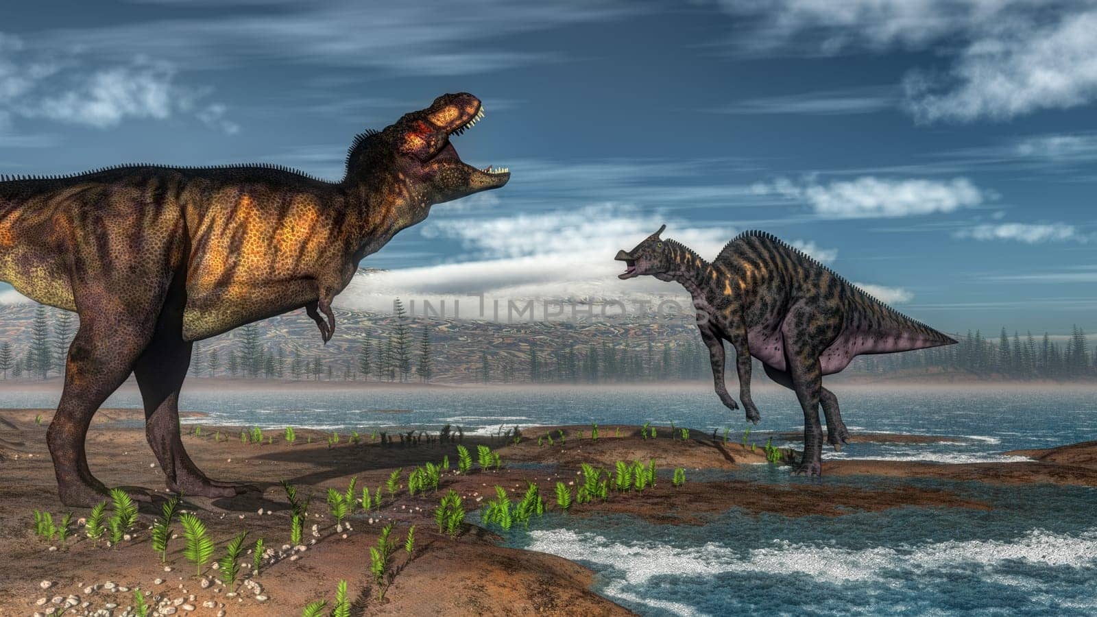 Tyrannosaurus rex and saurolophus dinosaurs by day - 3D render