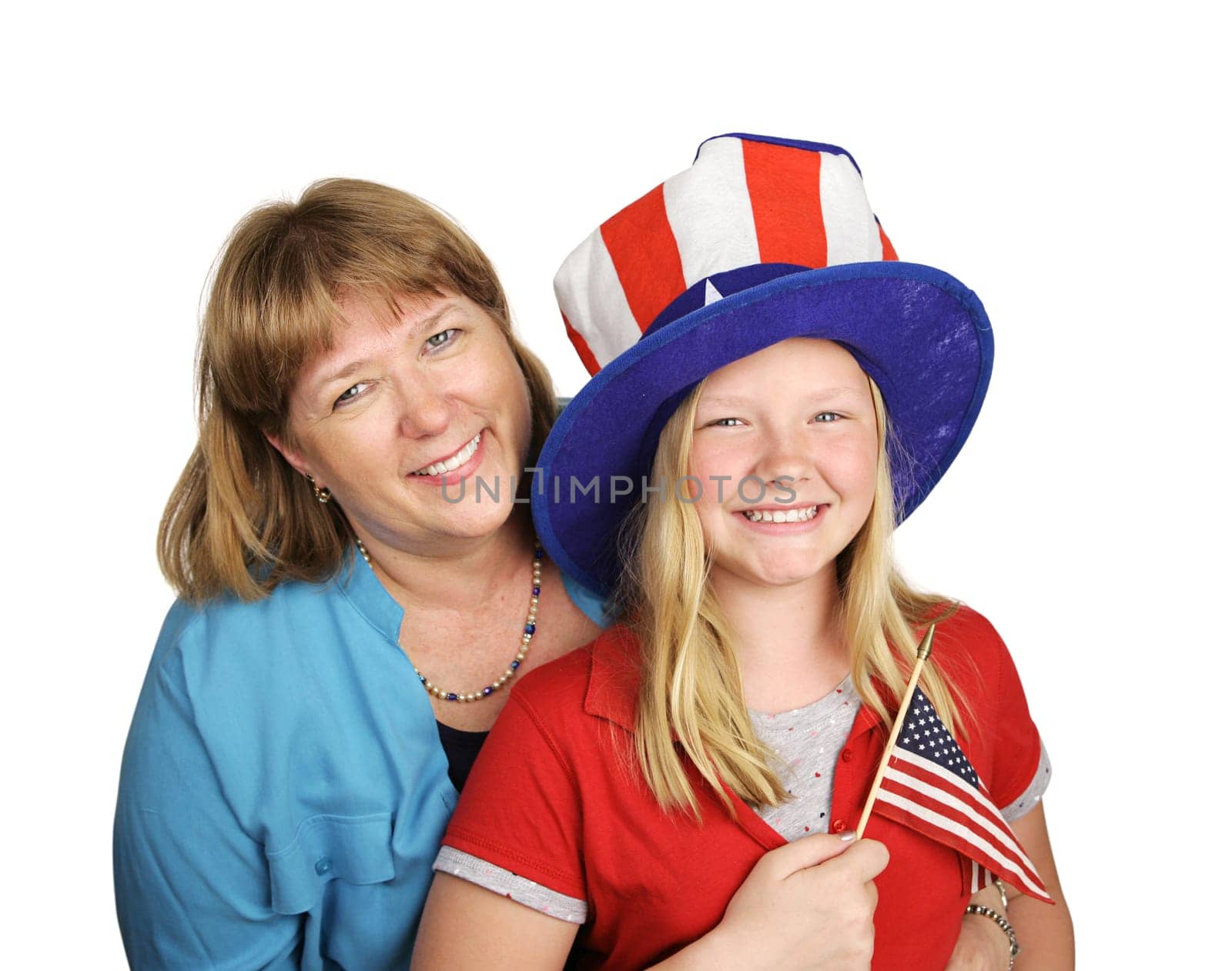 A mother and daughter celebrating the fourth of july.  Isolated on white.