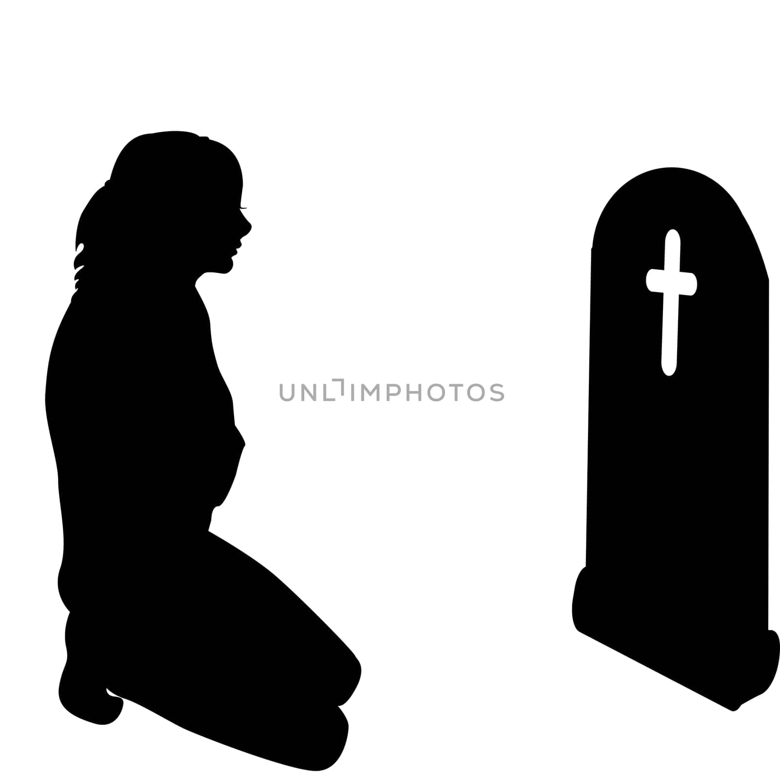 Woman silhouette on her knees in front of a grave