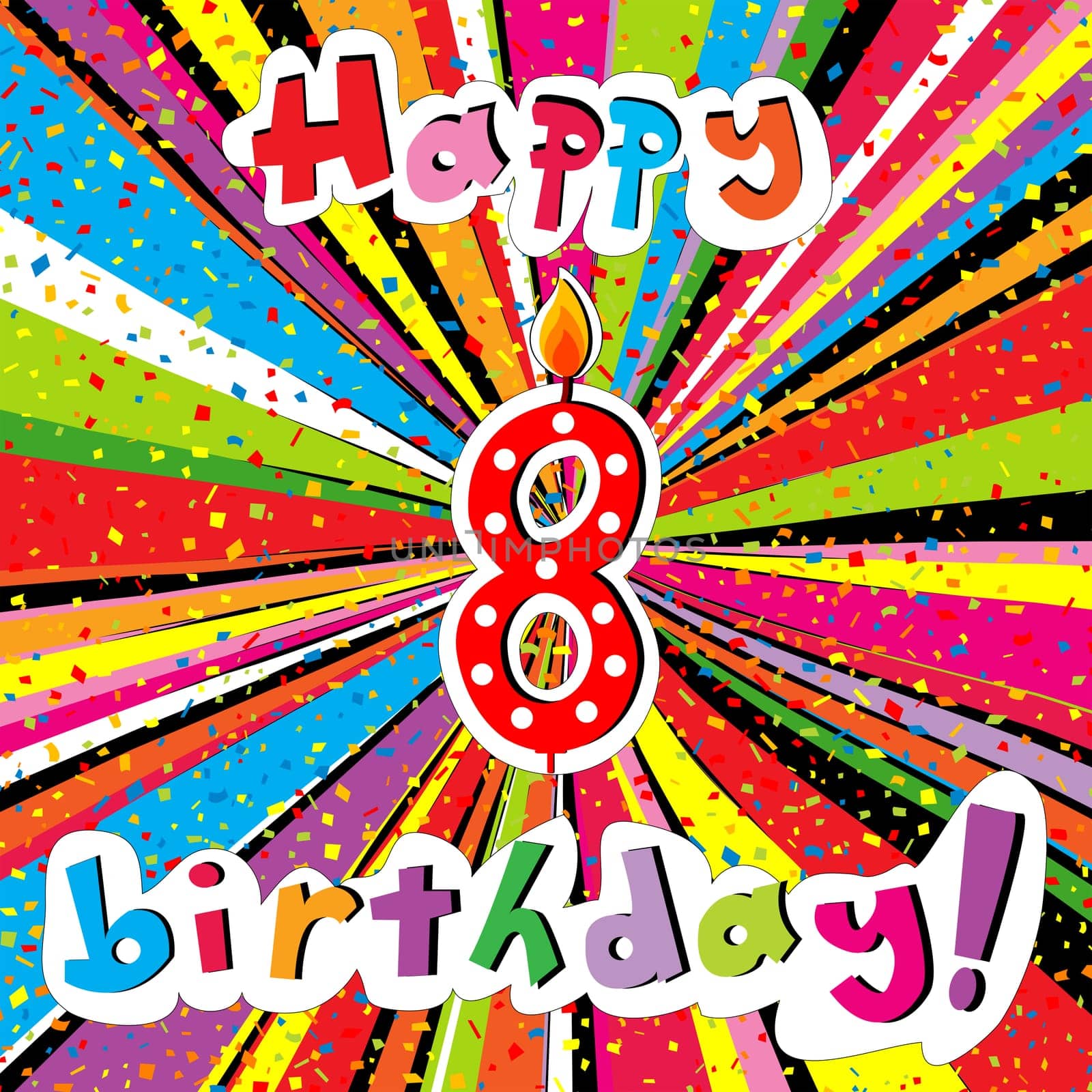Happy Birthday greeting card with number 8 candle and confetti on a colorful sunburst background