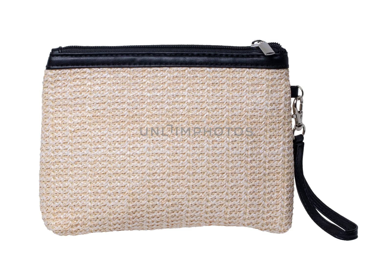 Cosmetic bags. Close-up of a beautiful beige with black leather cosmetic bag isolated on a white background. Macro. Used for essential equipment brushes for make-up and cosmetic products.