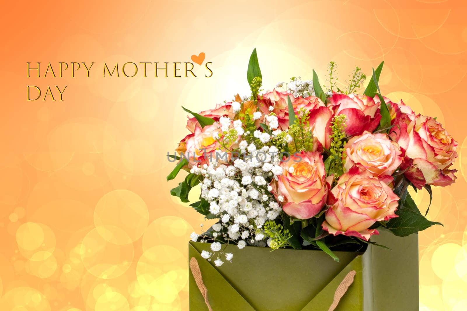 Mothers day greeting card. Decorative composition of a bunch of red yellow roses over abstract bright orange background with Happy mother's Day text.