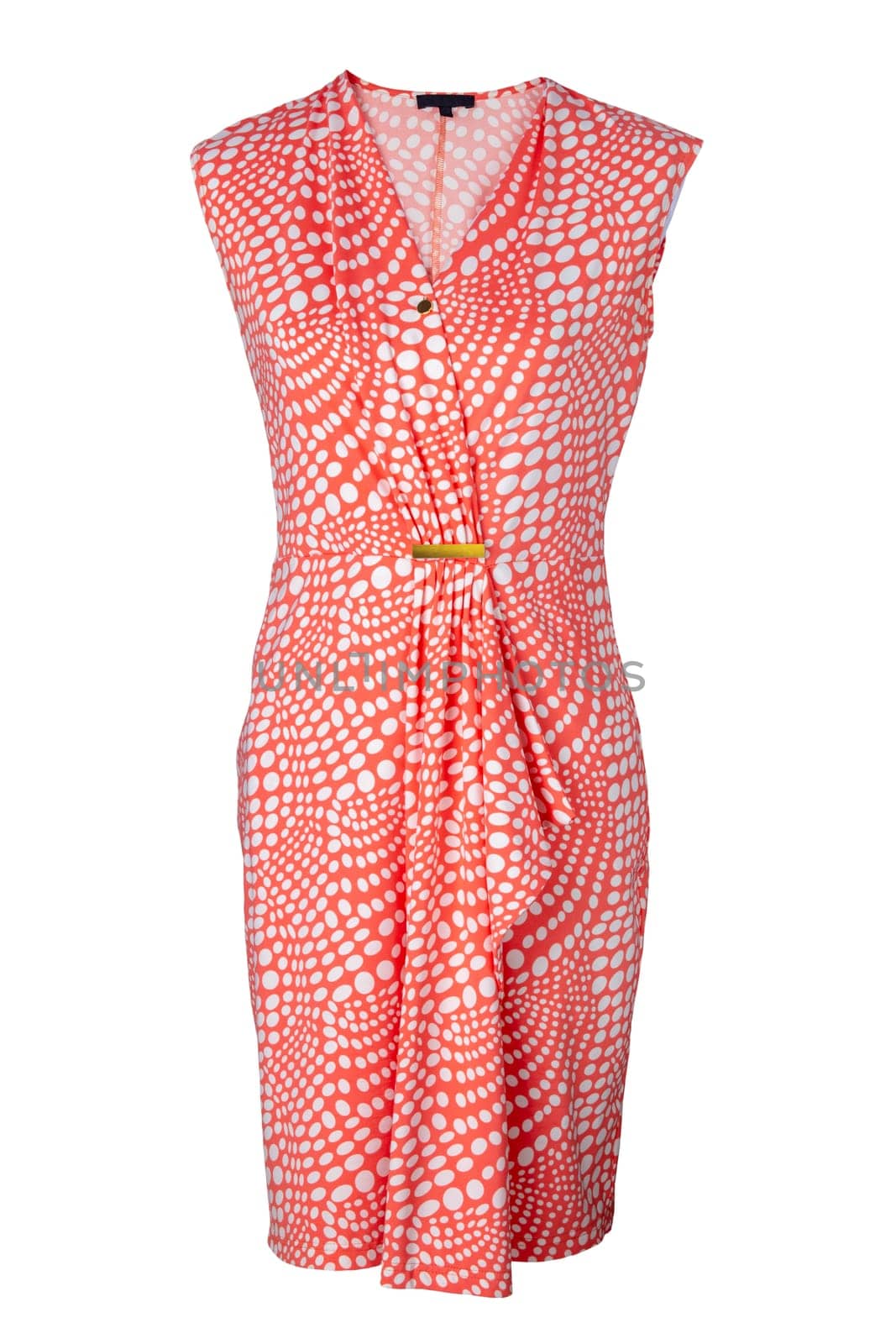 Dress isolated. Close-up of a colorful elegant stylish sleeveless red summer dress or sundress with white dots isolated on a white background. Clipping path.