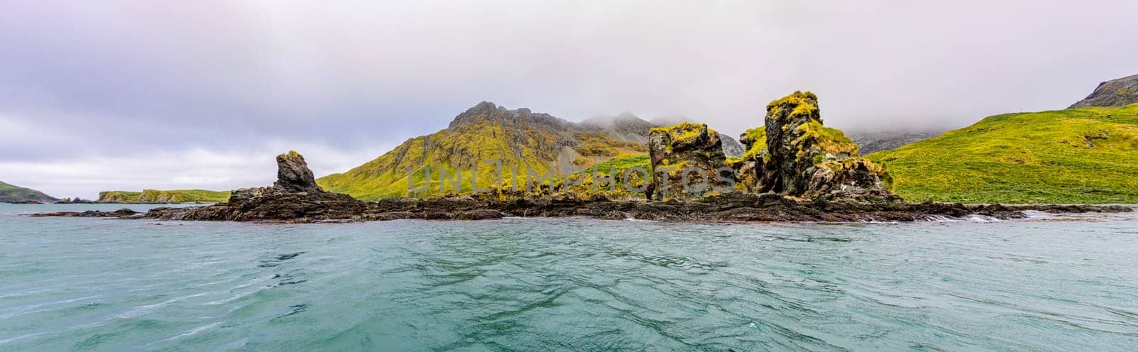 Widescreen panoramic view of South Georgia, a dreamlike island where king penguins and elephant seals say goodnight to each other