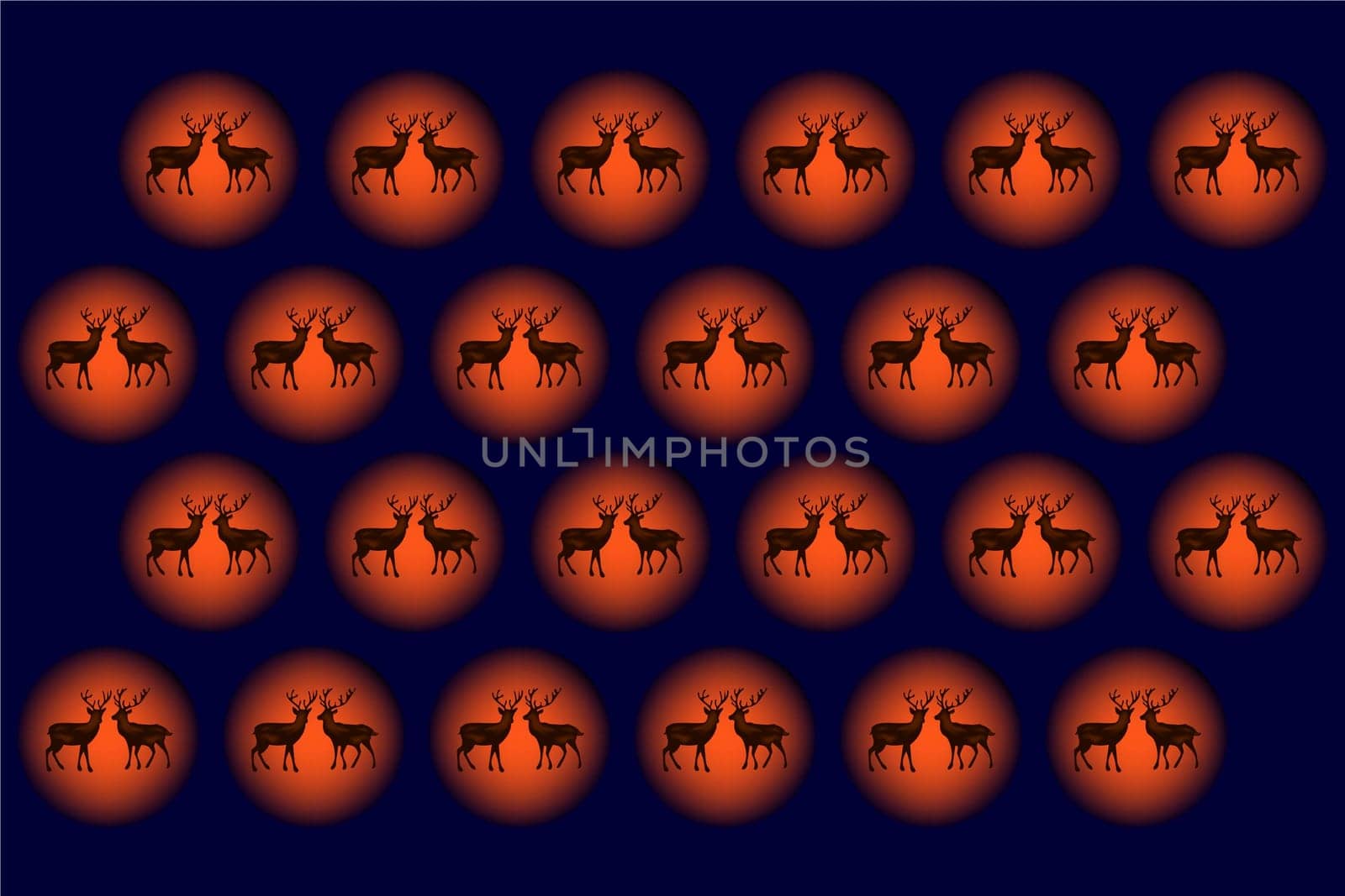 Christmas pattern on a dark blue background with two deers in the sunset. Vector image. Package design.