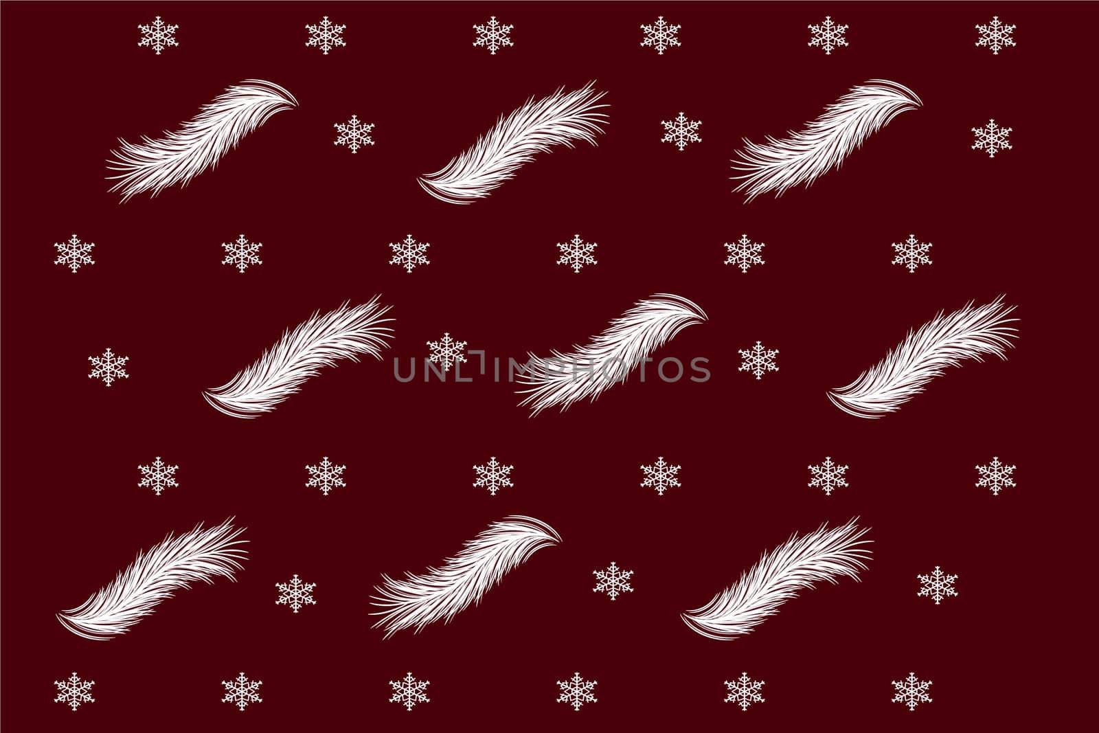 Christmas pattern on a dark red background with fir branches and snowflakes. Vector image. Package design.