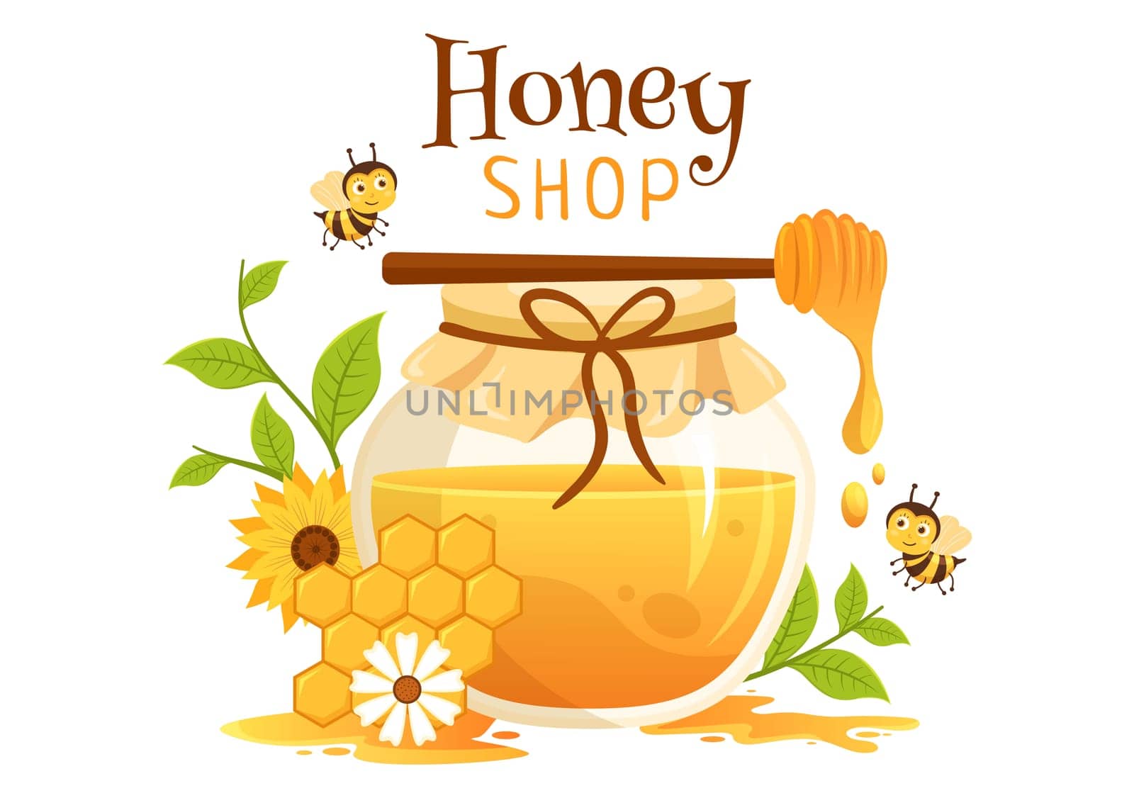 Honey Shop with a Natural Useful Product Jar, Bee or Honeycombs to be Consumed on Flat Cartoon Hand Drawn Templates Illustration