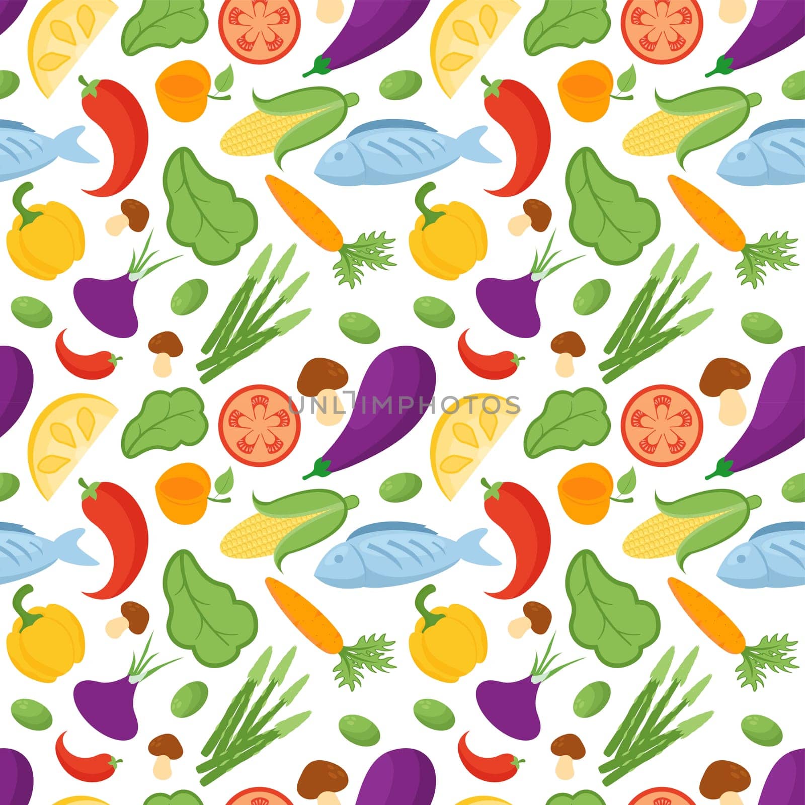 Vegetarian, Fruit and Vegetables Seamless Pattern Design with Fresh, Organic and Natural Food in Hand Drawn Flat Cartoon Background Illustration