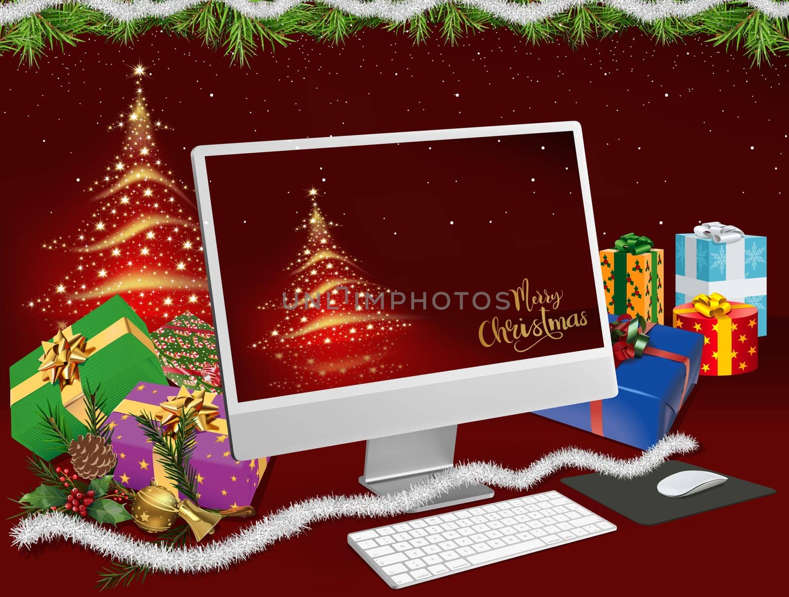 Christmas Background for Computer Fans with an Abstract Christmas Tree and Lots of Presents - Colorful Detailed Illustration