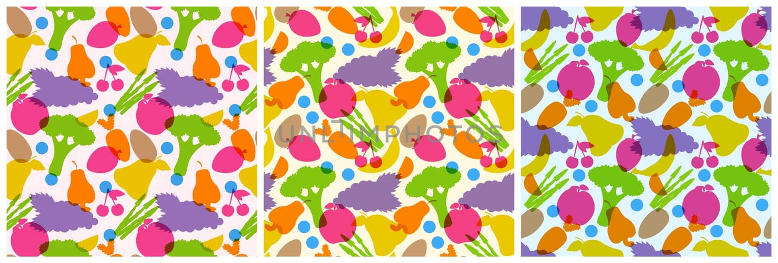 Set of Vegetarian, Fruit or Vegetables Seamless Pattern Design with Fresh, Organic and Natural Food in Hand Drawn Flat Cartoon Background Illustration