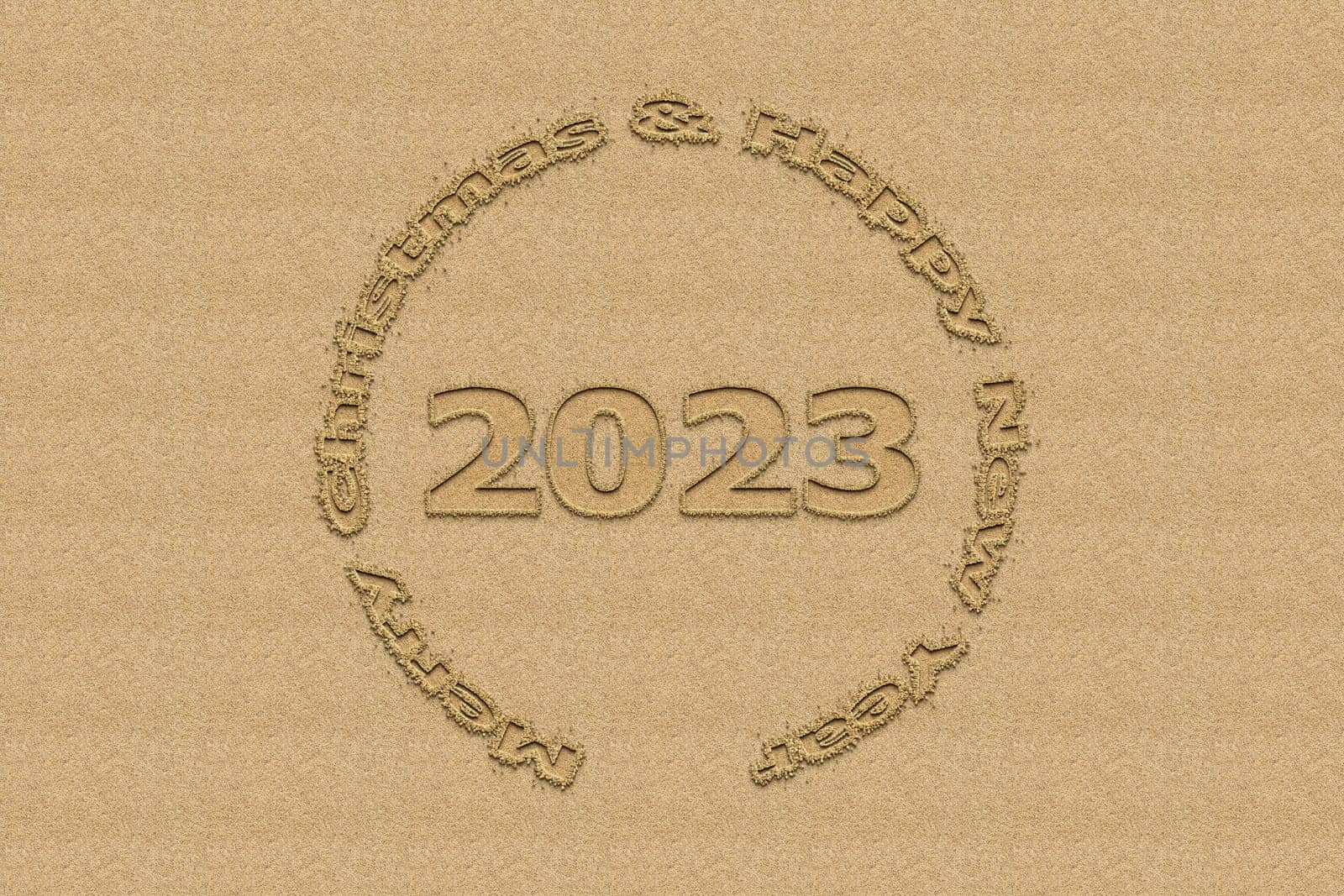 3D illustration New Year concept 2023 design with text sand design.