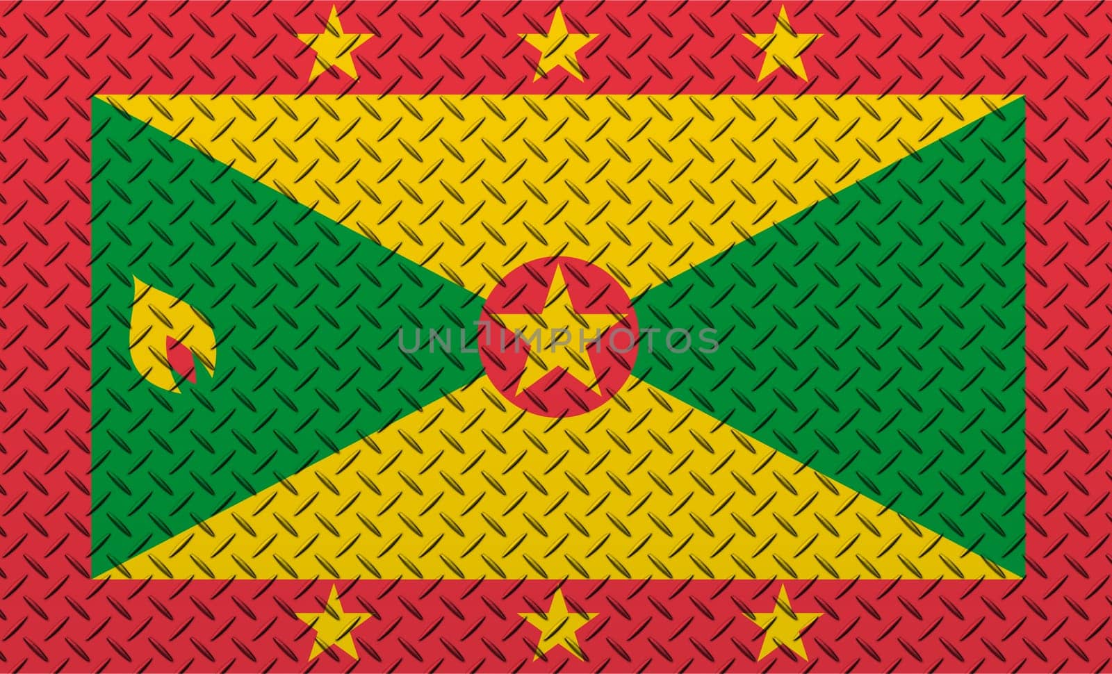 3D Flag of Grenada on a metal wall background.