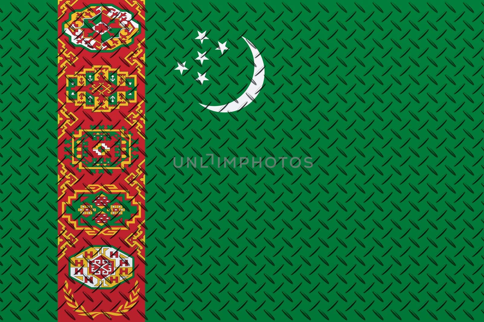 3D Flag of Turkmenistan on a metal wall background.