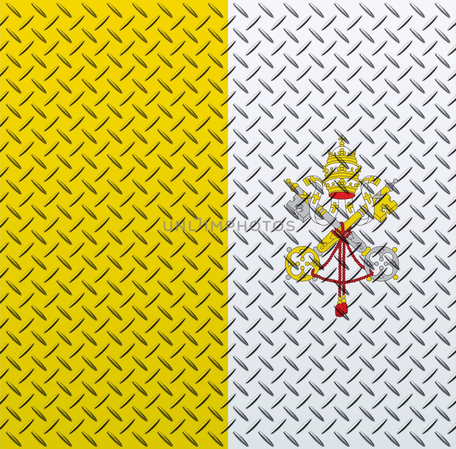 3D Flag of Vatican City on a metal wall background.