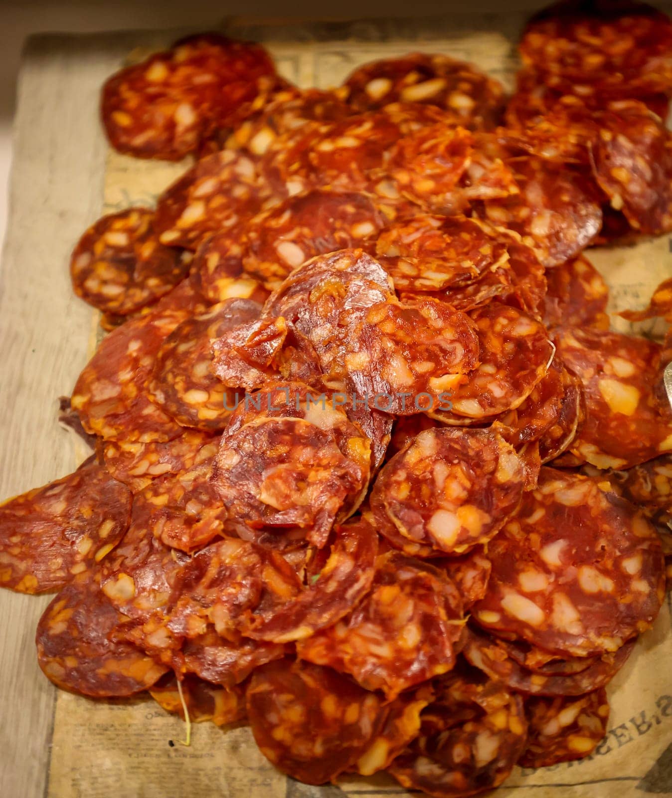 Salami on a buffet at a Spanish tapas bar.