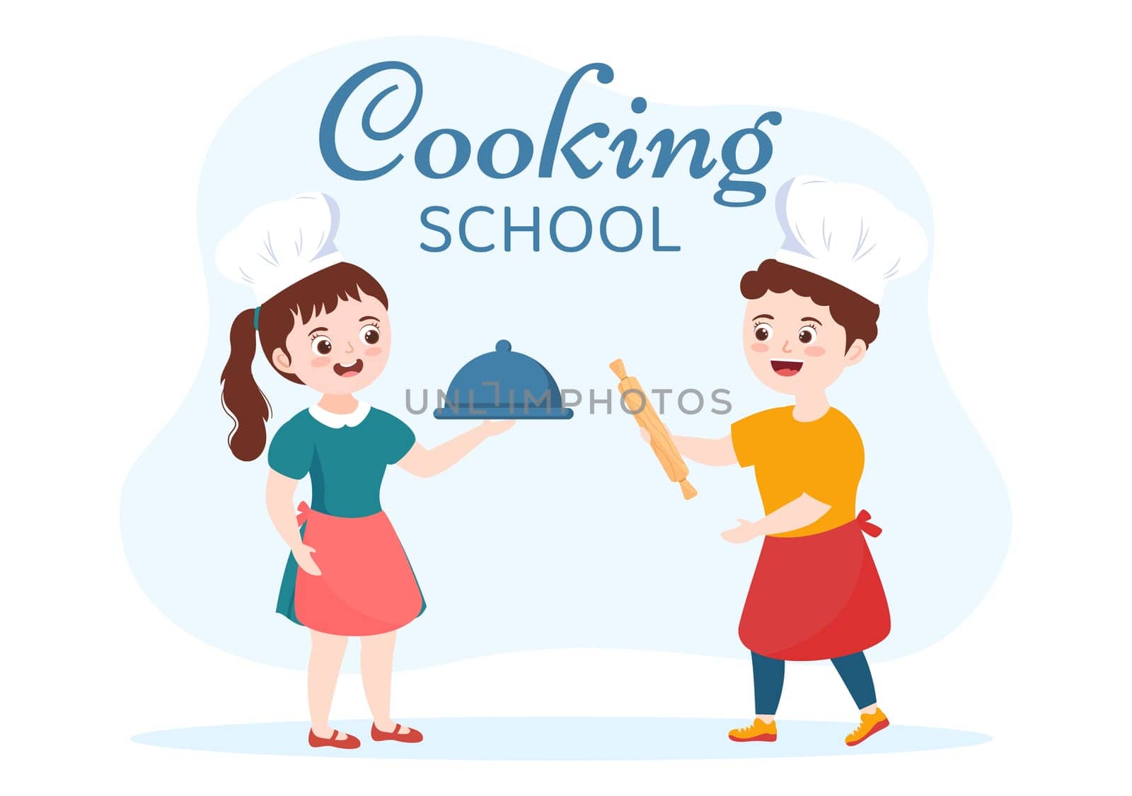 Cooking School With Kids and Teacher in a Class Learning to Learn Cooks Homemade Food on Flat Cartoon Hand Drawn Templates Illustration