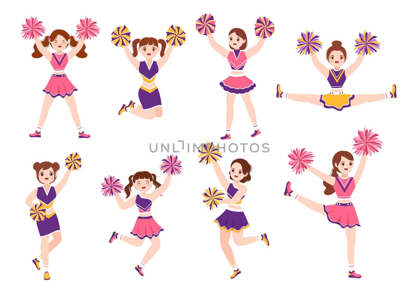 Cheerleader Girl with Pompoms of Dancing and Jumping to Support Team Sport During Competition on Flat Cartoon Hand Drawn Templates Illustration