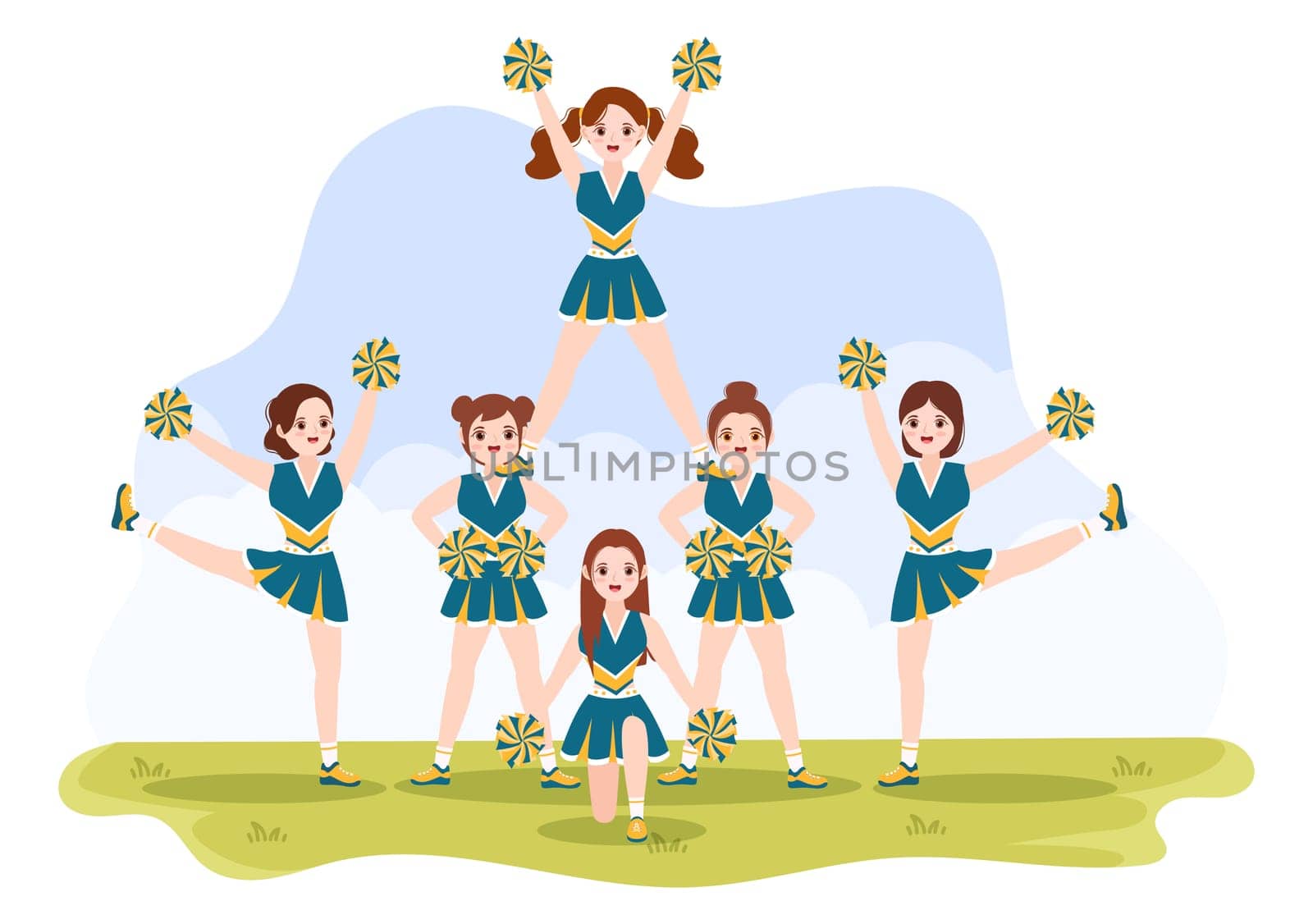 Cheerleader Girl with Pompoms of Dancing and Jumping to Support Team Sport During Competition on Flat Cartoon Hand Drawn Templates Illustration